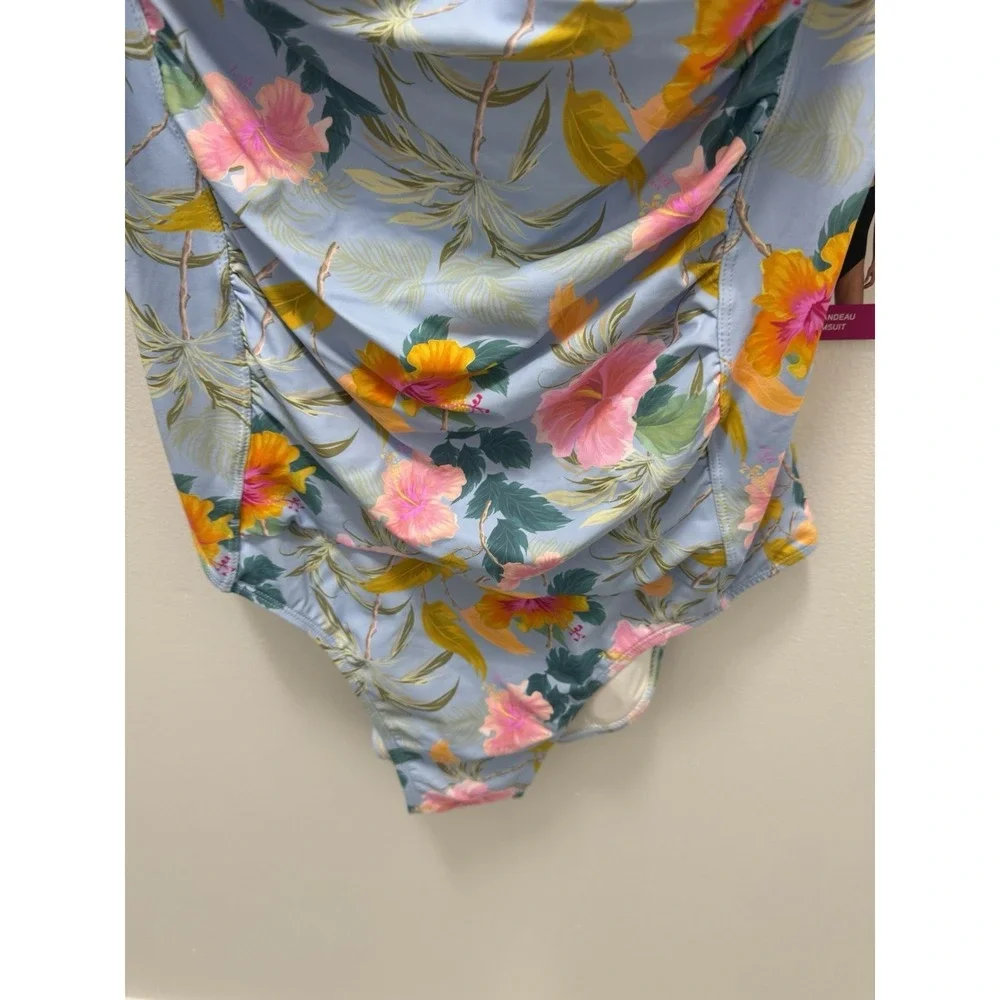 Betsey Johnson Floral Sweetheart One-Piece Swimsuit 1X Blue Tropical Ruched NWT‎